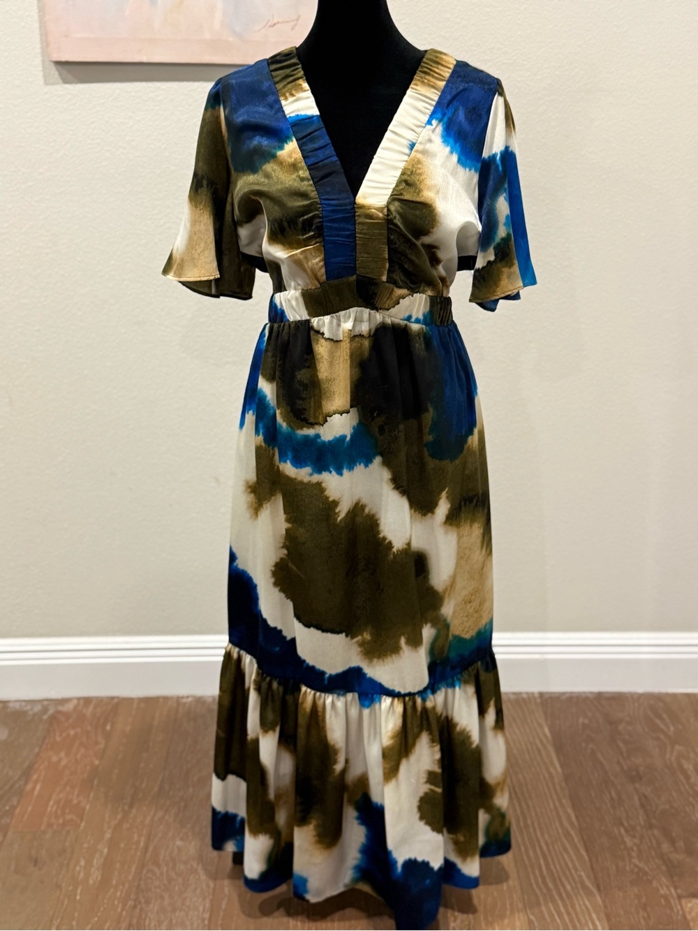 Dkny V-Neck Maxi Dress in Blue, Olive & White NWOT
